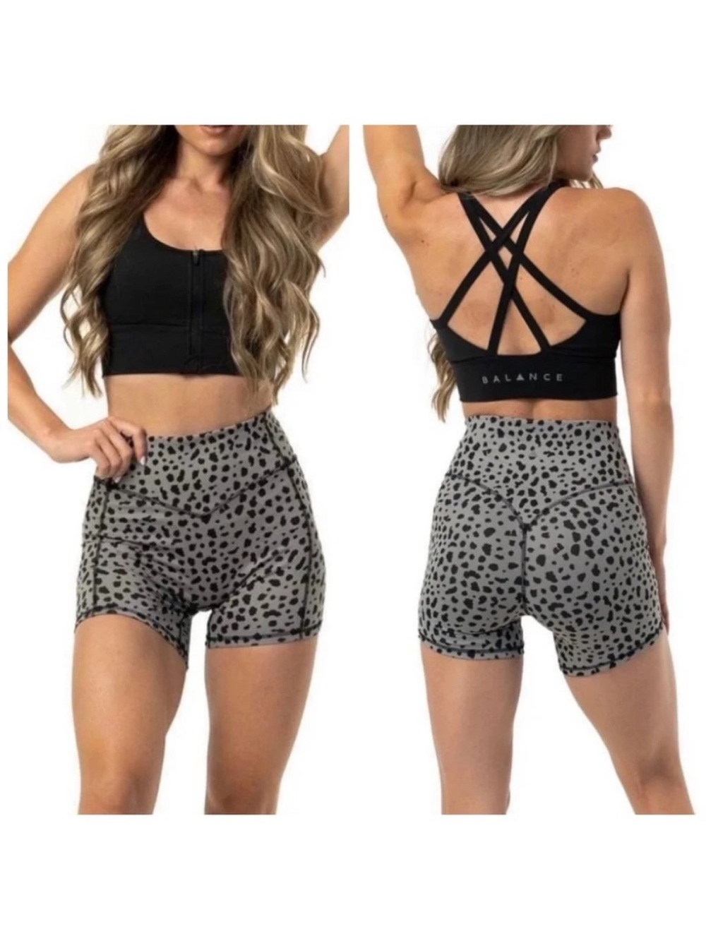 Balance Athletica Vitality Ascend biker shorts in a grey leopard print.